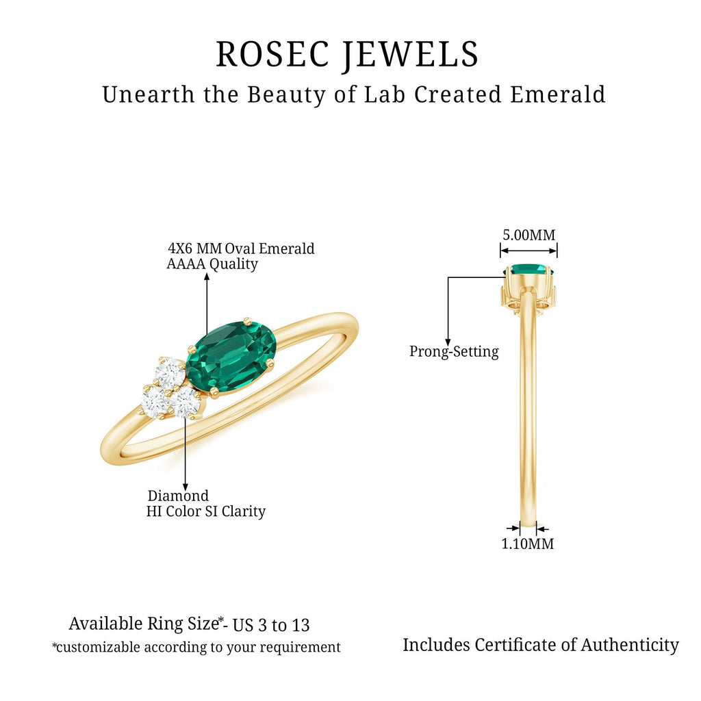 Lab Grown Emerald Ring – East West Oval Promise Ring with Diamond Trio Design