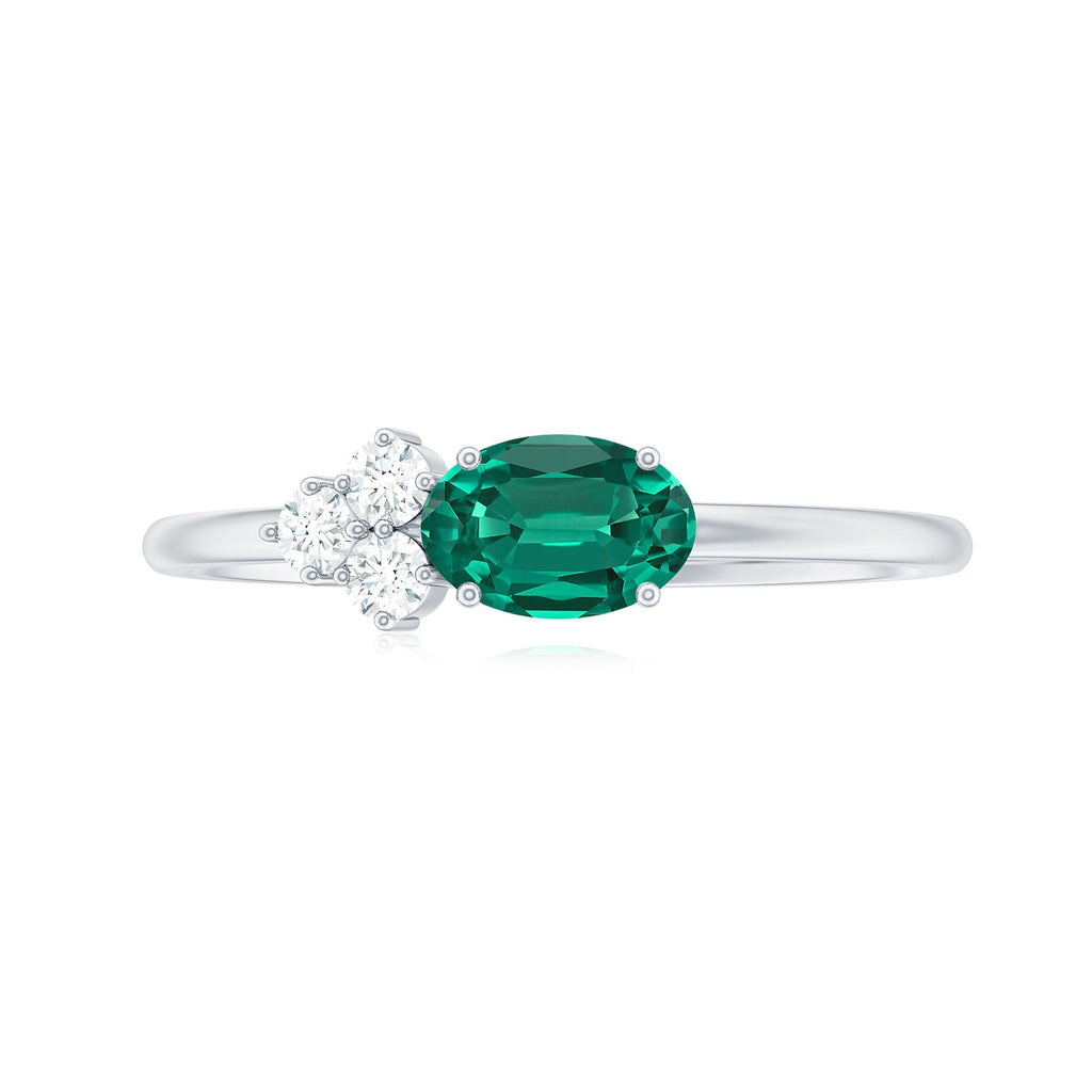 Lab Grown Emerald Ring – East West Oval Promise Ring with Diamond Trio Design