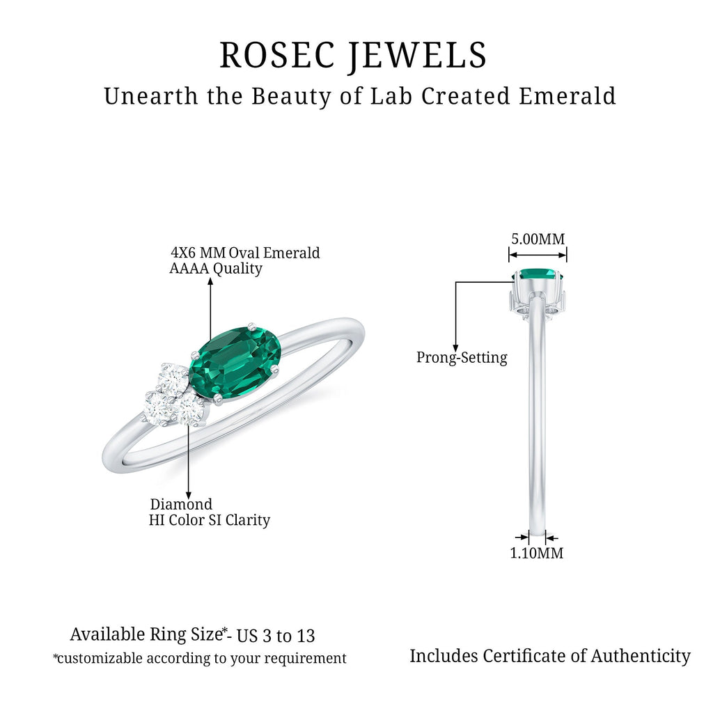 Lab Grown Emerald Ring – East West Oval Promise Ring with Diamond Trio Design