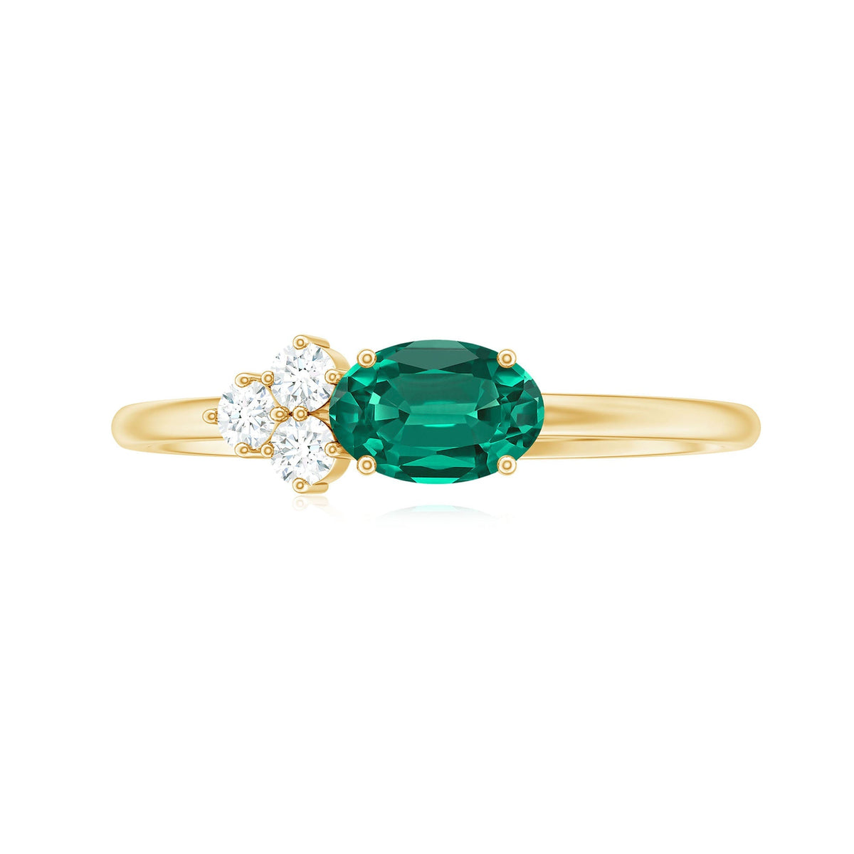 Lab Grown Emerald Ring – East West Oval Promise Ring with Diamond Trio Design