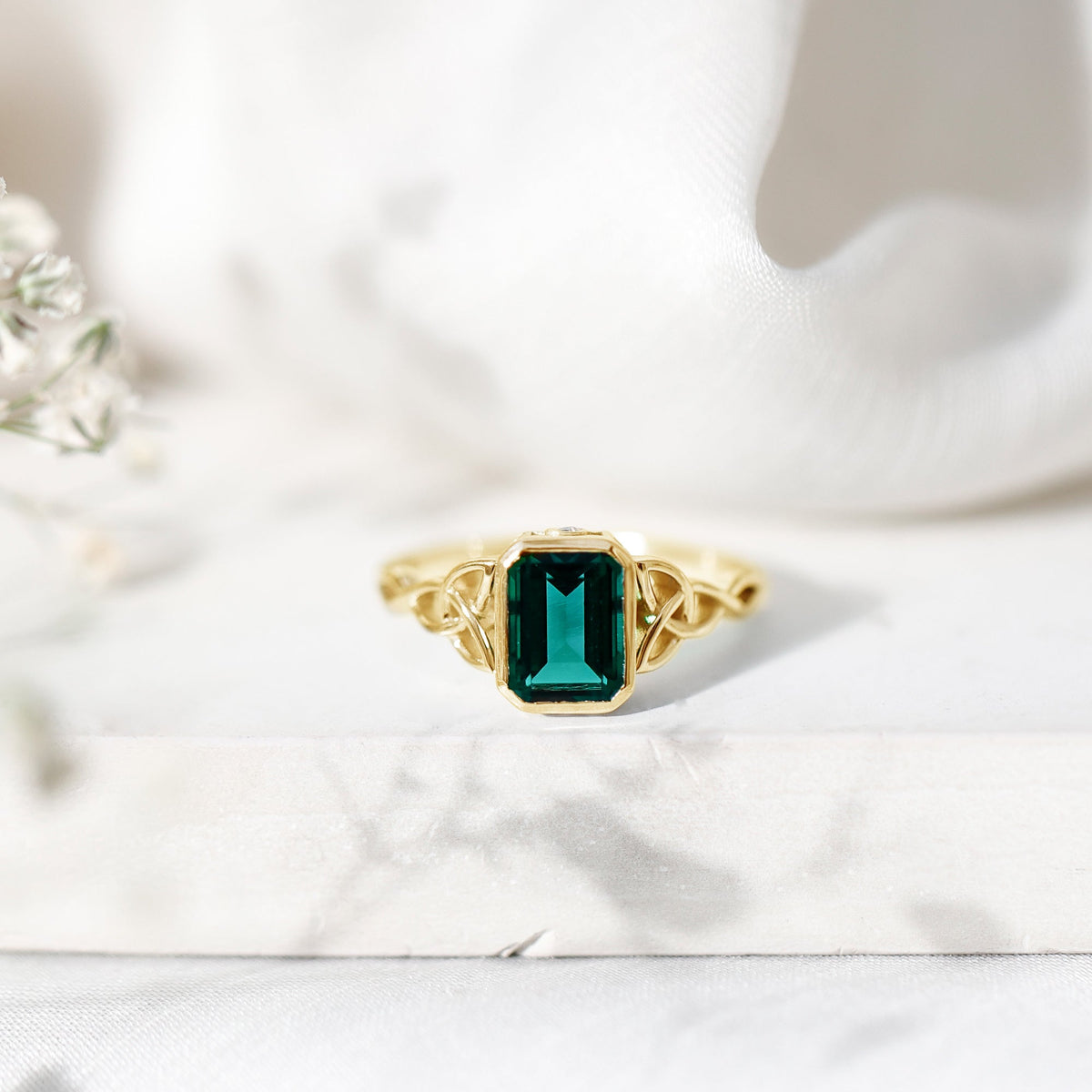 Lab Grown Emerald Ring – Emerald Cut Celtic Knot Engagement Band in Rose Gold