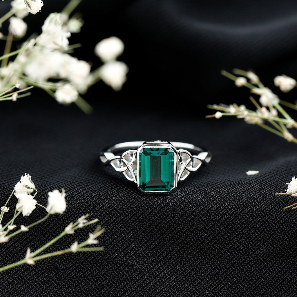 Lab Grown Emerald Ring – Emerald Cut Celtic Knot Engagement Band in Rose Gold