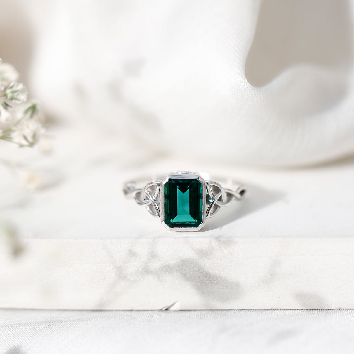 Lab Grown Emerald Ring – Emerald Cut Celtic Knot Engagement Band in Rose Gold