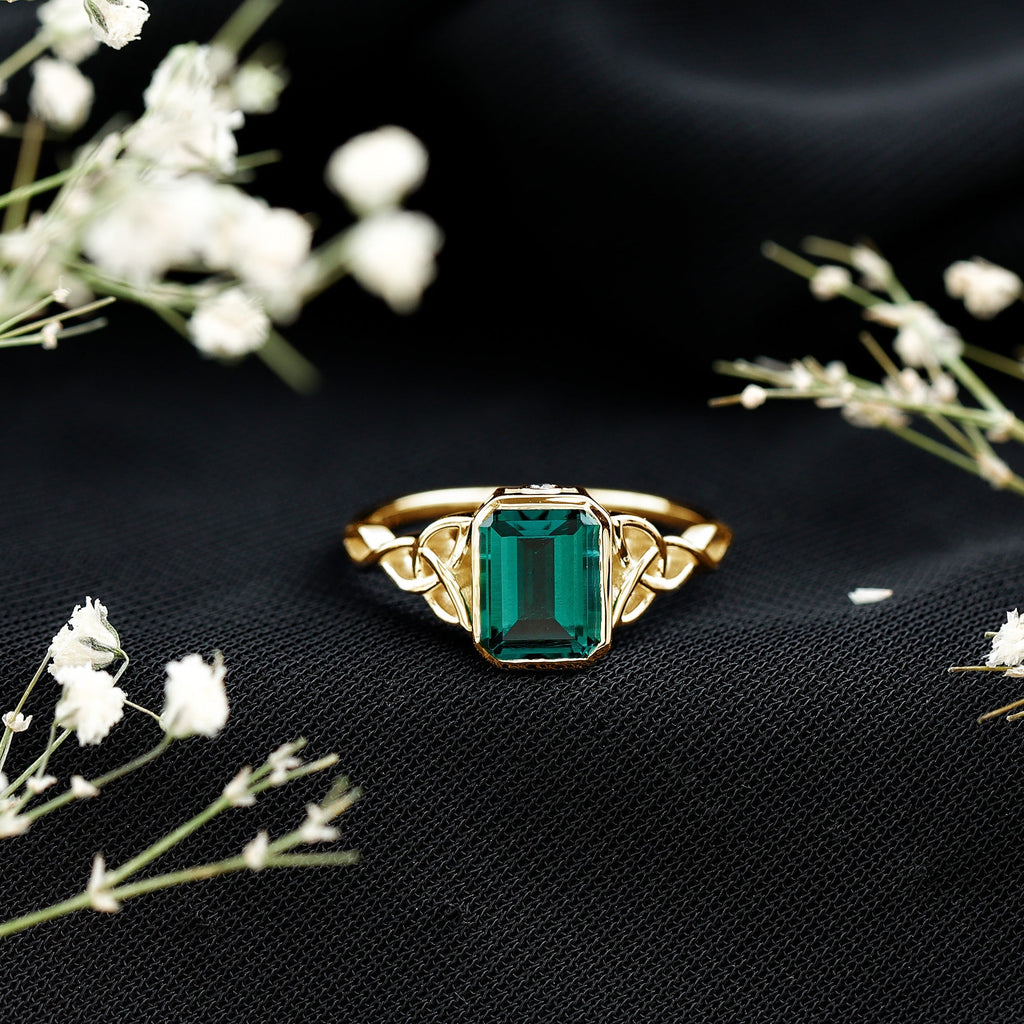 Lab Grown Emerald Ring – Emerald Cut Celtic Knot Engagement Band in Rose Gold