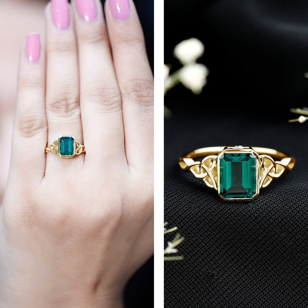 Lab Grown Emerald Ring – Emerald Cut Celtic Knot Engagement Band in Rose Gold