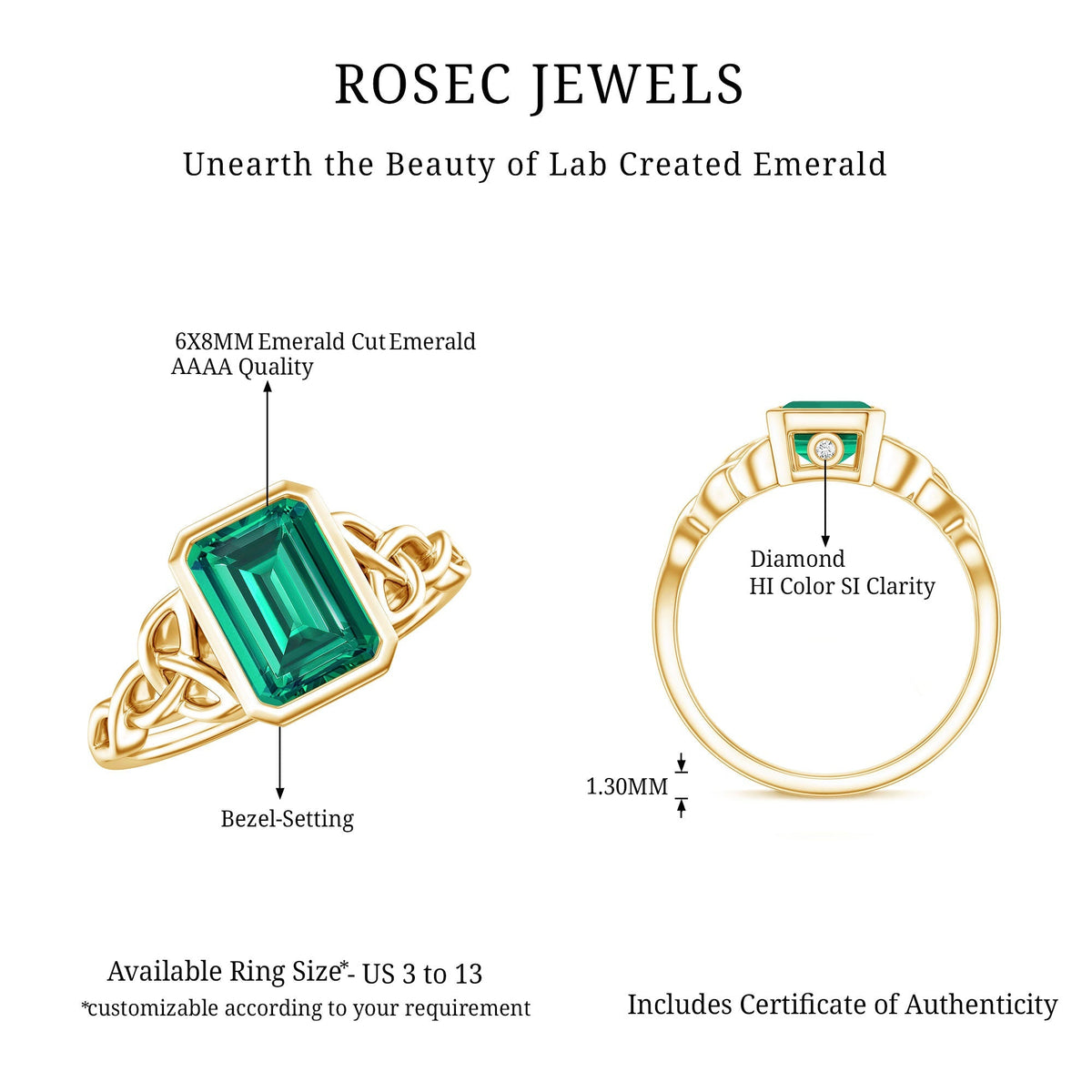 Lab Grown Emerald Ring – Emerald Cut Celtic Knot Engagement Band in Rose Gold