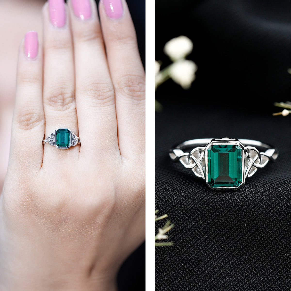 Lab Grown Emerald Ring – Emerald Cut Celtic Knot Engagement Band in Rose Gold