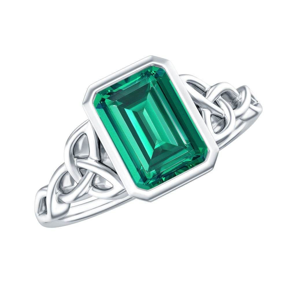 Lab Grown Emerald Ring – Emerald Cut Celtic Knot Engagement Band in Rose Gold