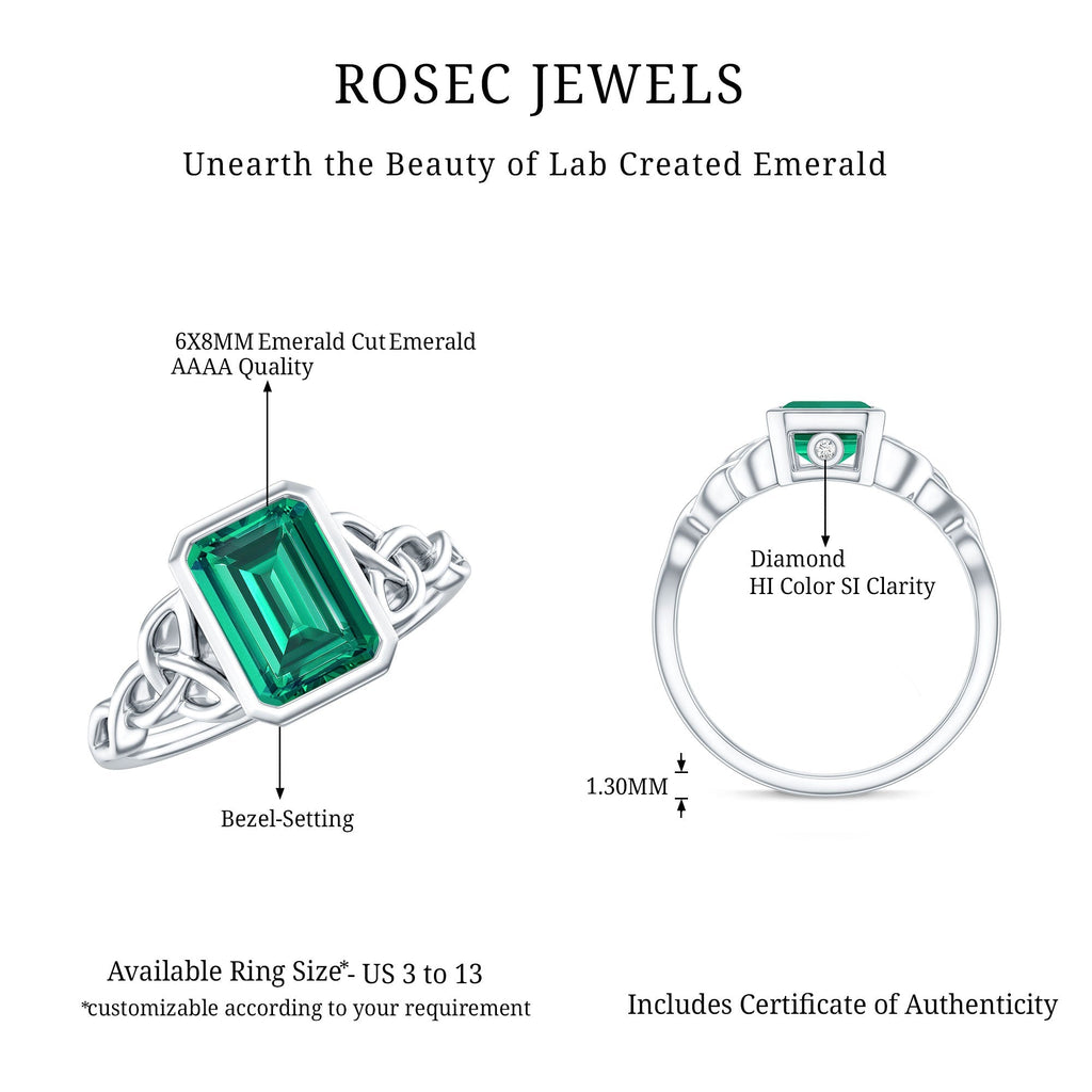 Lab Grown Emerald Ring – Emerald Cut Celtic Knot Engagement Band in Rose Gold