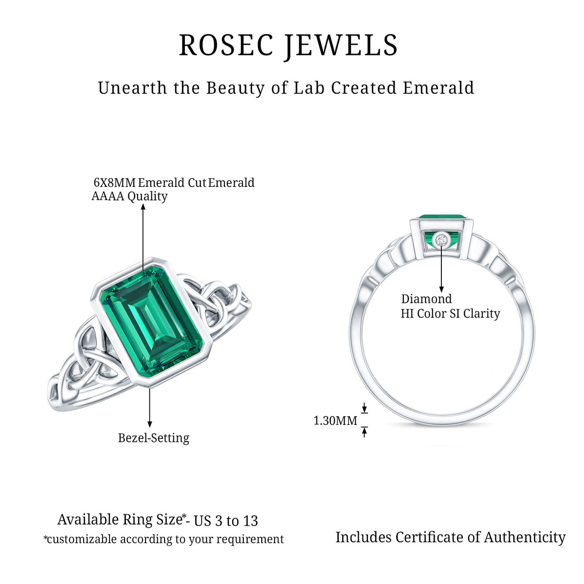 Lab Grown Emerald Ring – Emerald Cut Celtic Knot Engagement Band in Rose Gold