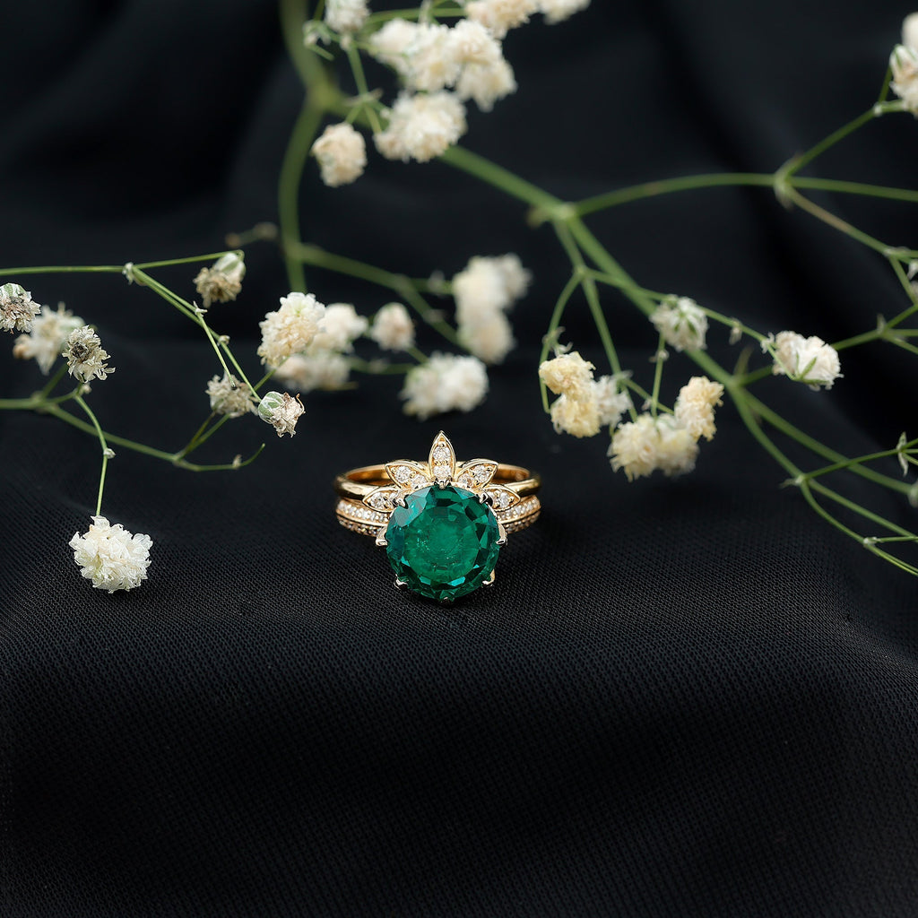Lab Grown Emerald Ring – Floral Bridal Set With Moissanite Enhancer & AAA Quality