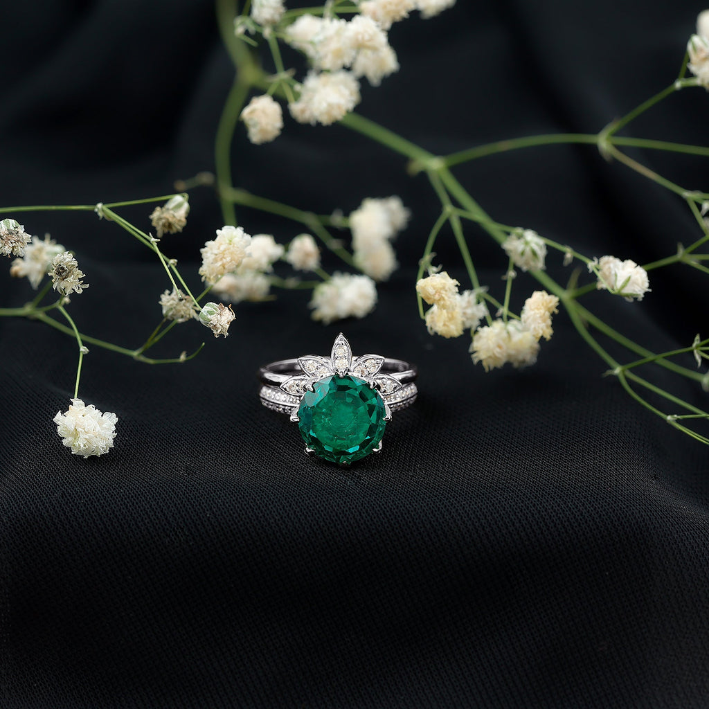 Lab Grown Emerald Ring – Floral Bridal Set With Moissanite Enhancer & AAA Quality