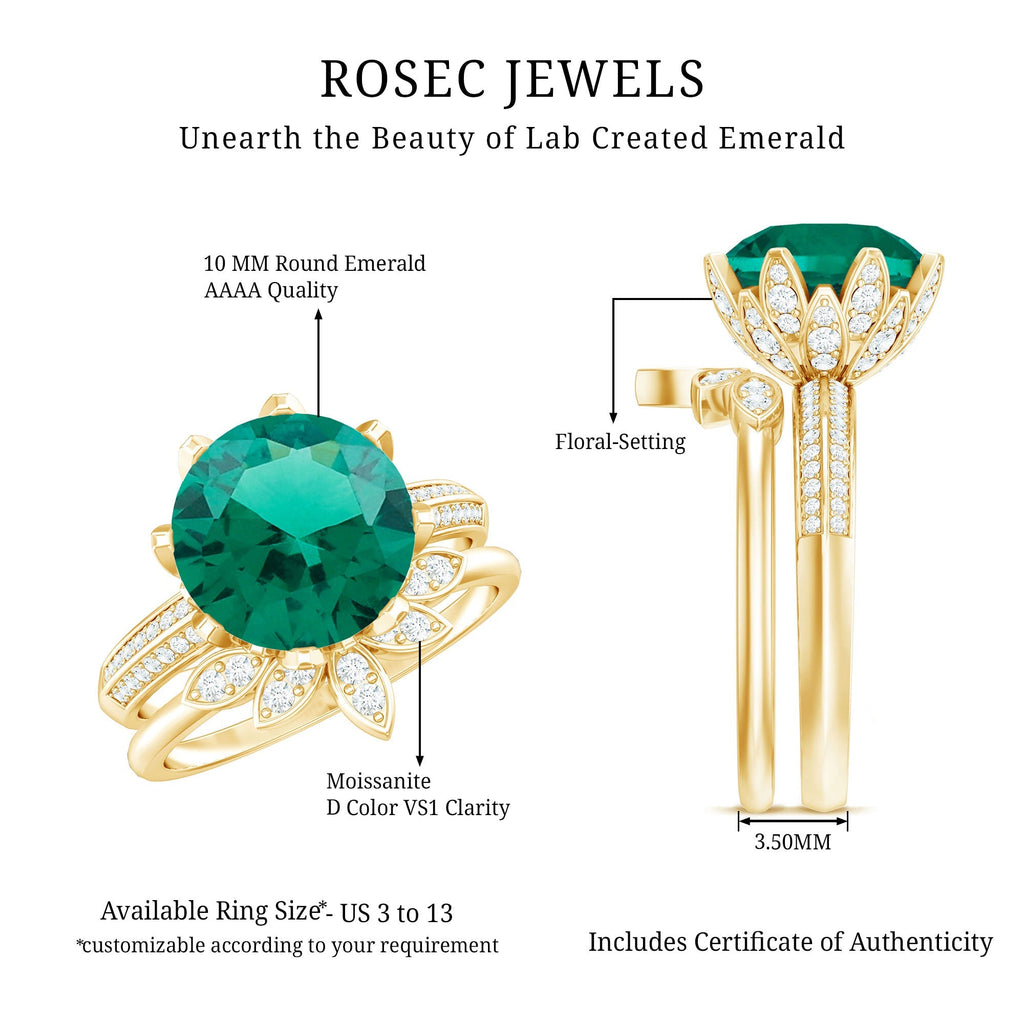 Lab Grown Emerald Ring – Floral Bridal Set With Moissanite Enhancer & AAA Quality