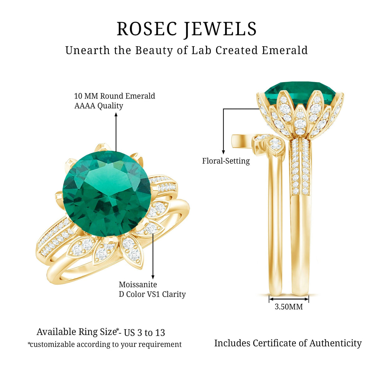 Lab Grown Emerald Ring – Floral Bridal Set With Moissanite Enhancer & AAA Quality