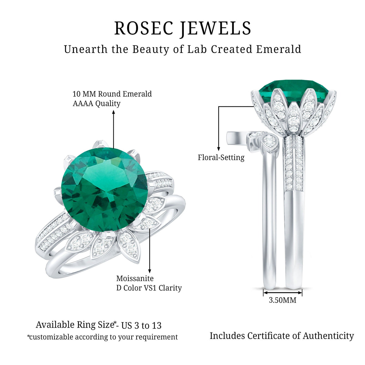 Lab Grown Emerald Ring – Floral Bridal Set With Moissanite Enhancer & AAA Quality