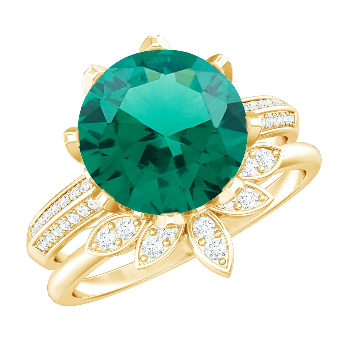Lab Grown Emerald Ring – Floral Bridal Set With Moissanite Enhancer & AAA Quality