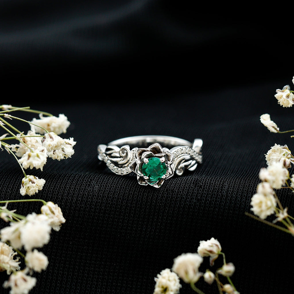 Lab Grown Emerald Ring – Flower Diamond Ring with Certified Green Gemstone