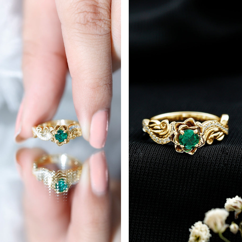Lab Grown Emerald Ring – Flower Diamond Ring with Certified Green Gemstone