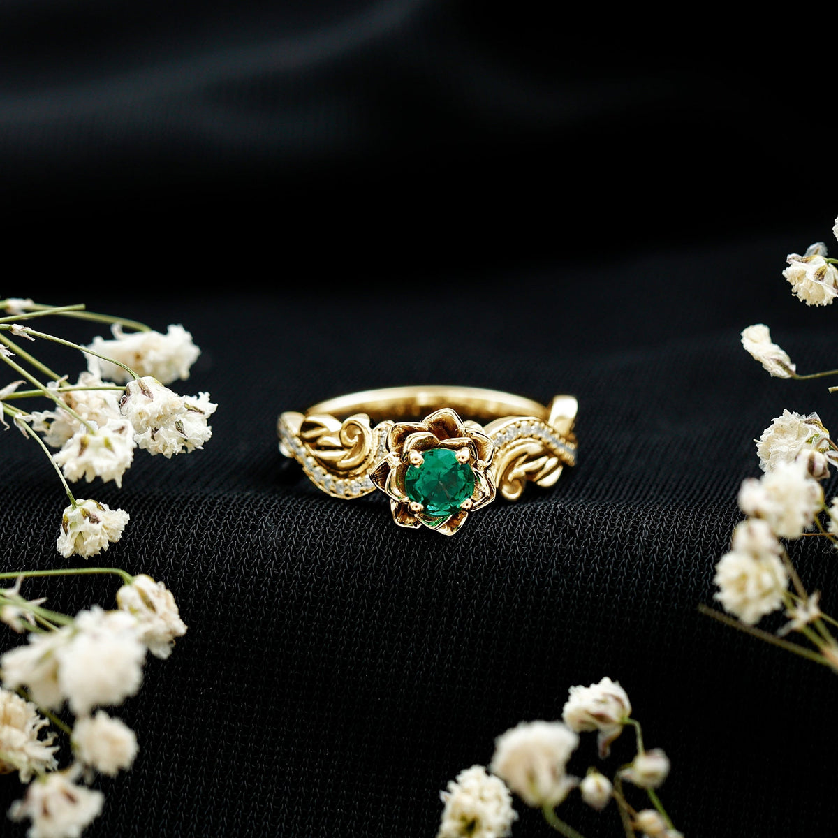Lab Grown Emerald Ring – Flower Diamond Ring with Certified Green Gemstone