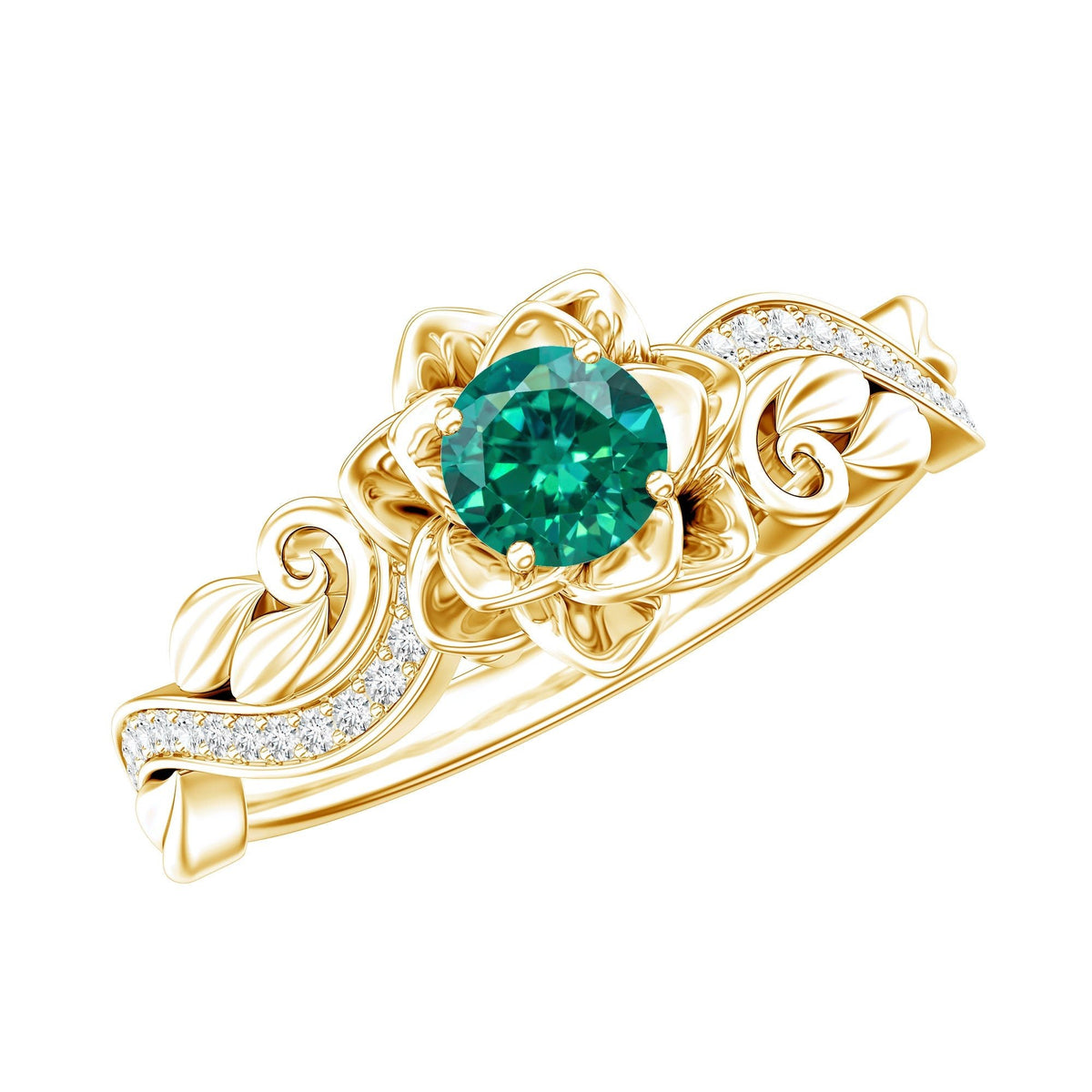 Lab Grown Emerald Ring – Flower Diamond Ring with Certified Green Gemstone