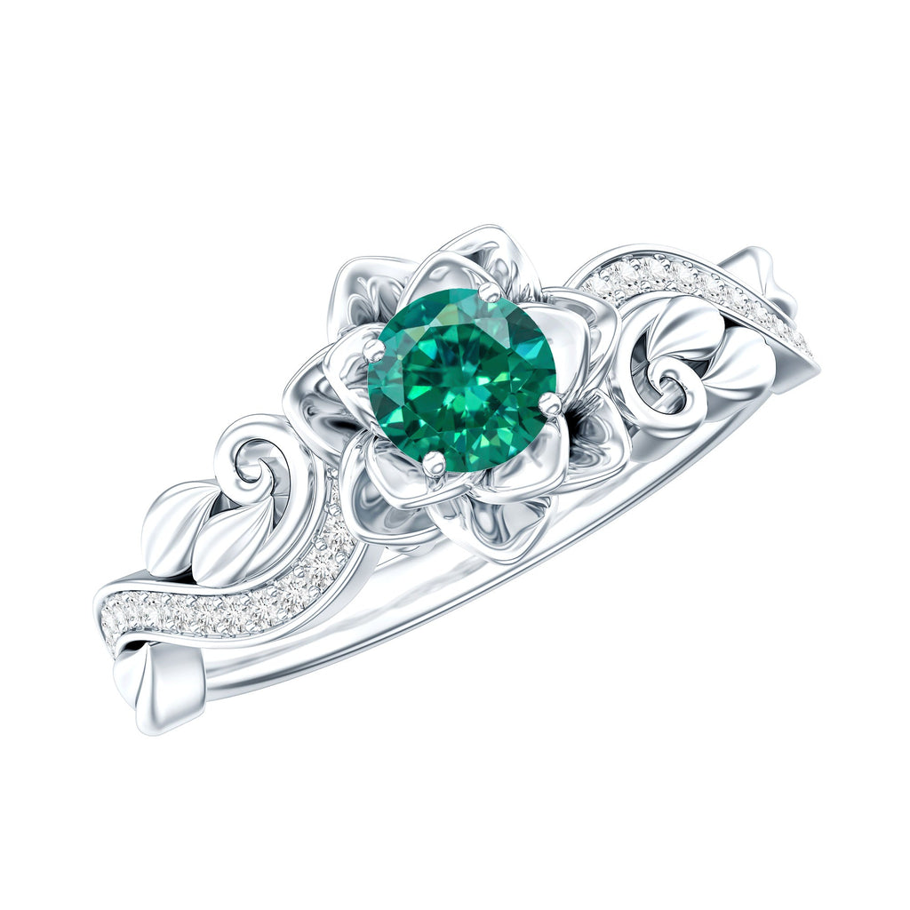 Lab Grown Emerald Ring – Flower Diamond Ring with Certified Green Gemstone