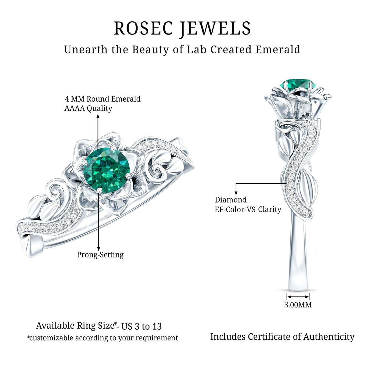 Lab Grown Emerald Ring – Flower Diamond Ring with Certified Green Gemstone