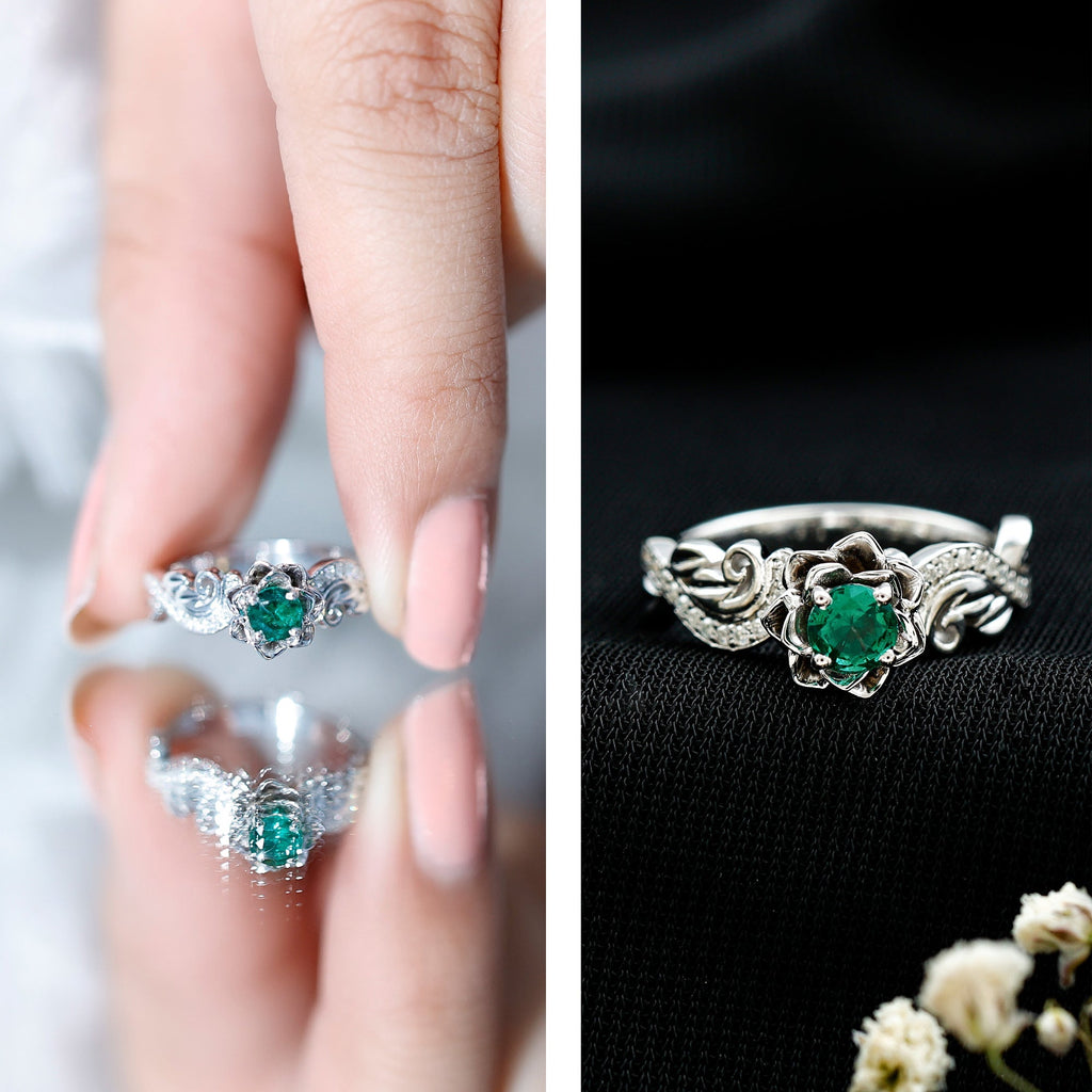 Lab Grown Emerald Ring – Flower Diamond Ring with Certified Green Gemstone