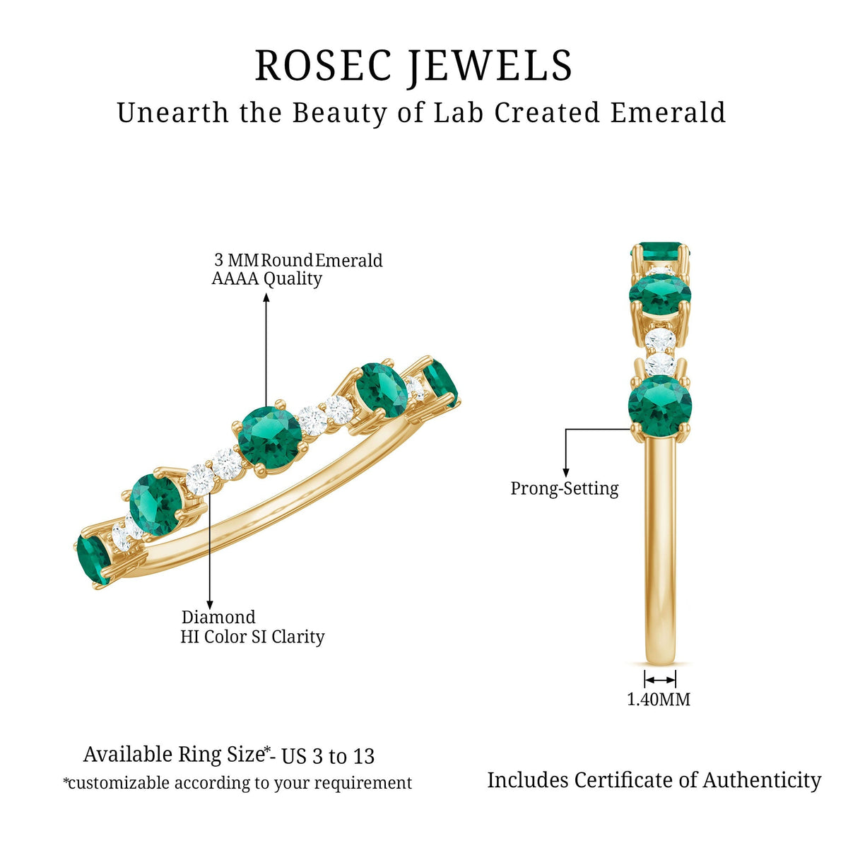Lab Grown Emerald Ring - Half Eternity Anniversary Band With Diamonds & Prong Setting