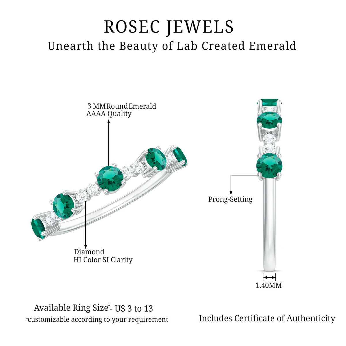 Lab Grown Emerald Ring - Half Eternity Anniversary Band With Diamonds & Prong Setting