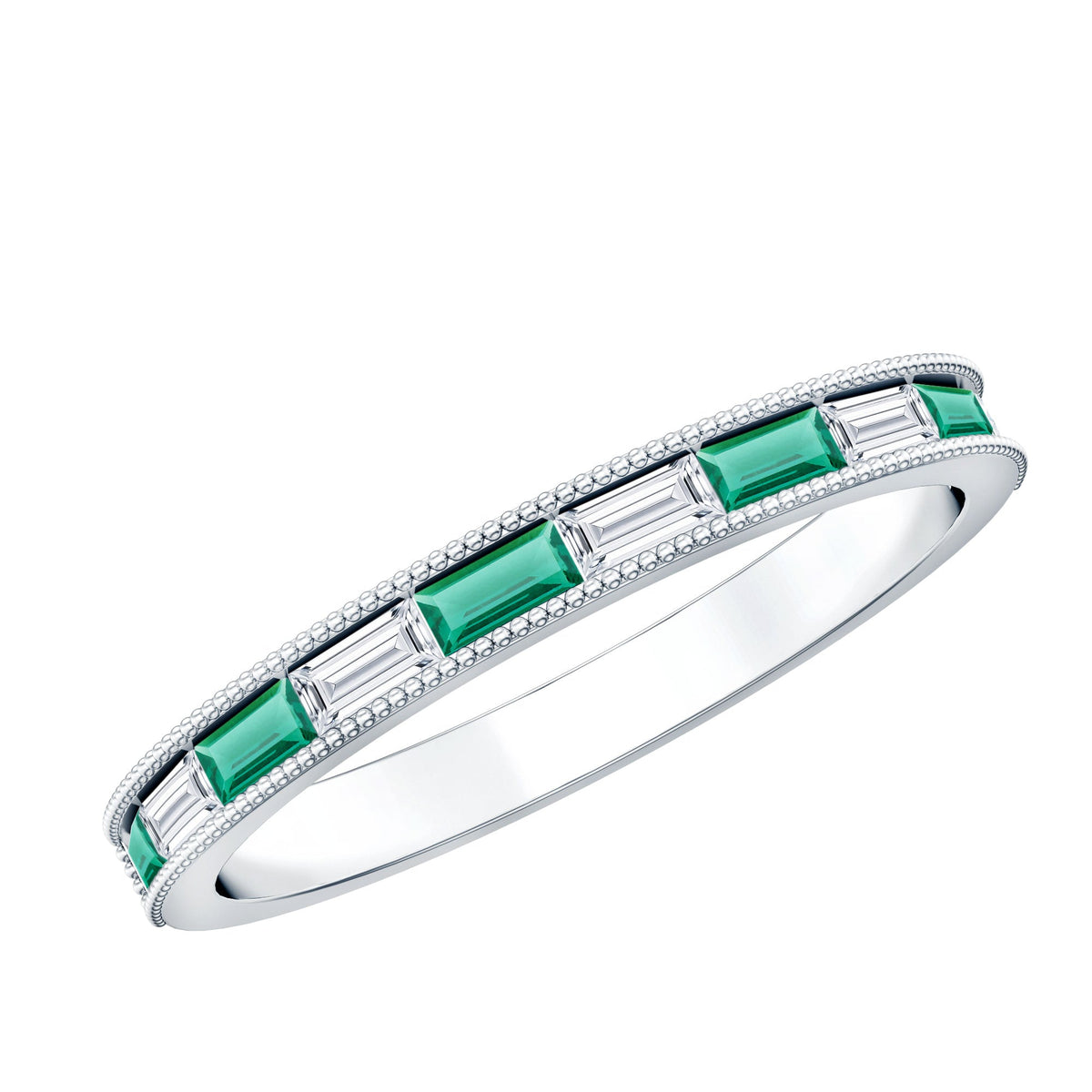 Lab Grown Emerald Ring – Half Eternity Band With Baguette Cut Diamonds | Stackable Wedding Band