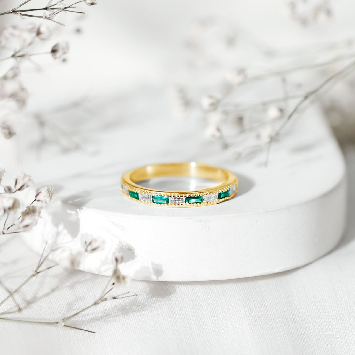 Lab Grown Emerald Ring – Half Eternity Band With Baguette Cut Diamonds | Stackable Wedding Band