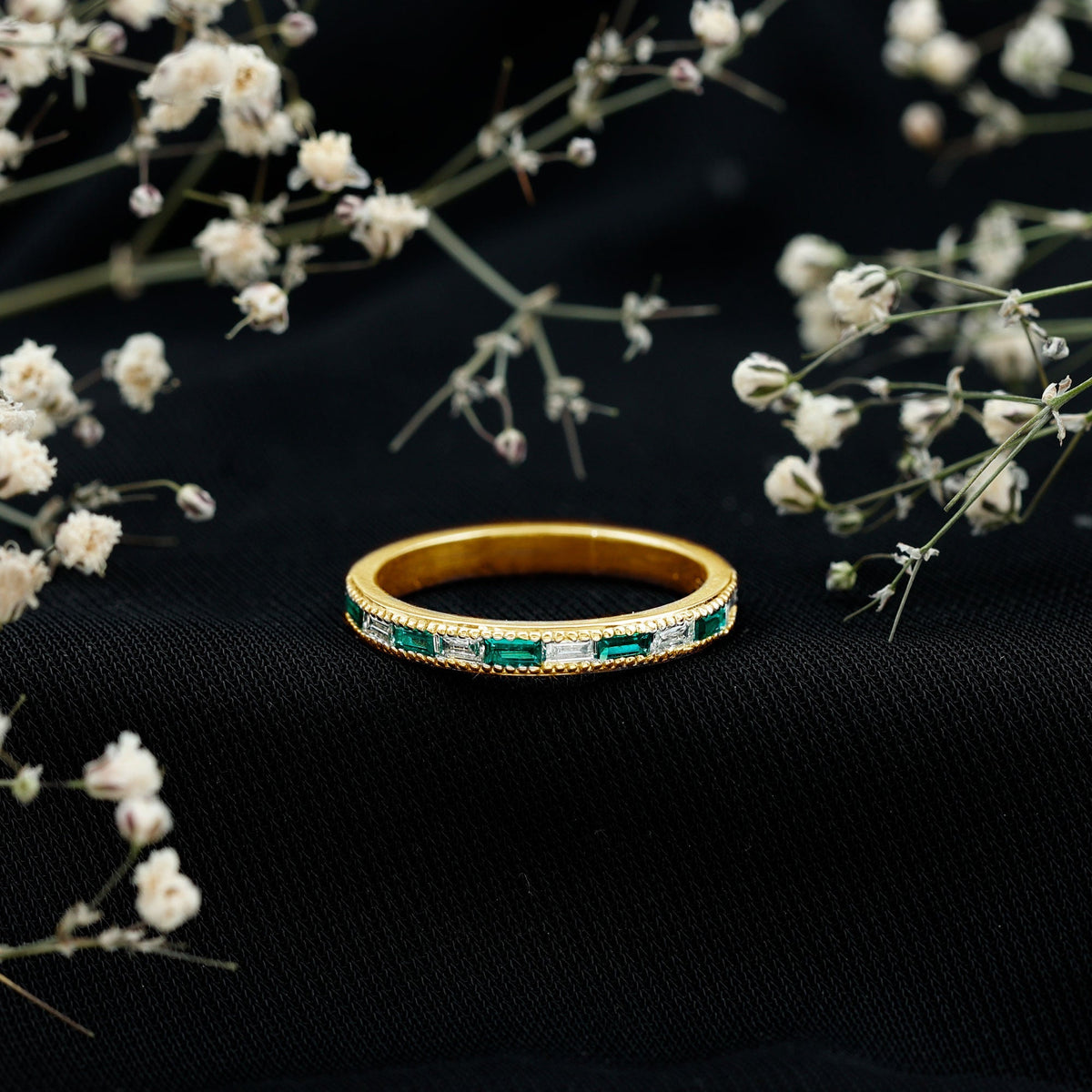 Lab Grown Emerald Ring – Half Eternity Band With Baguette Cut Diamonds | Stackable Wedding Band
