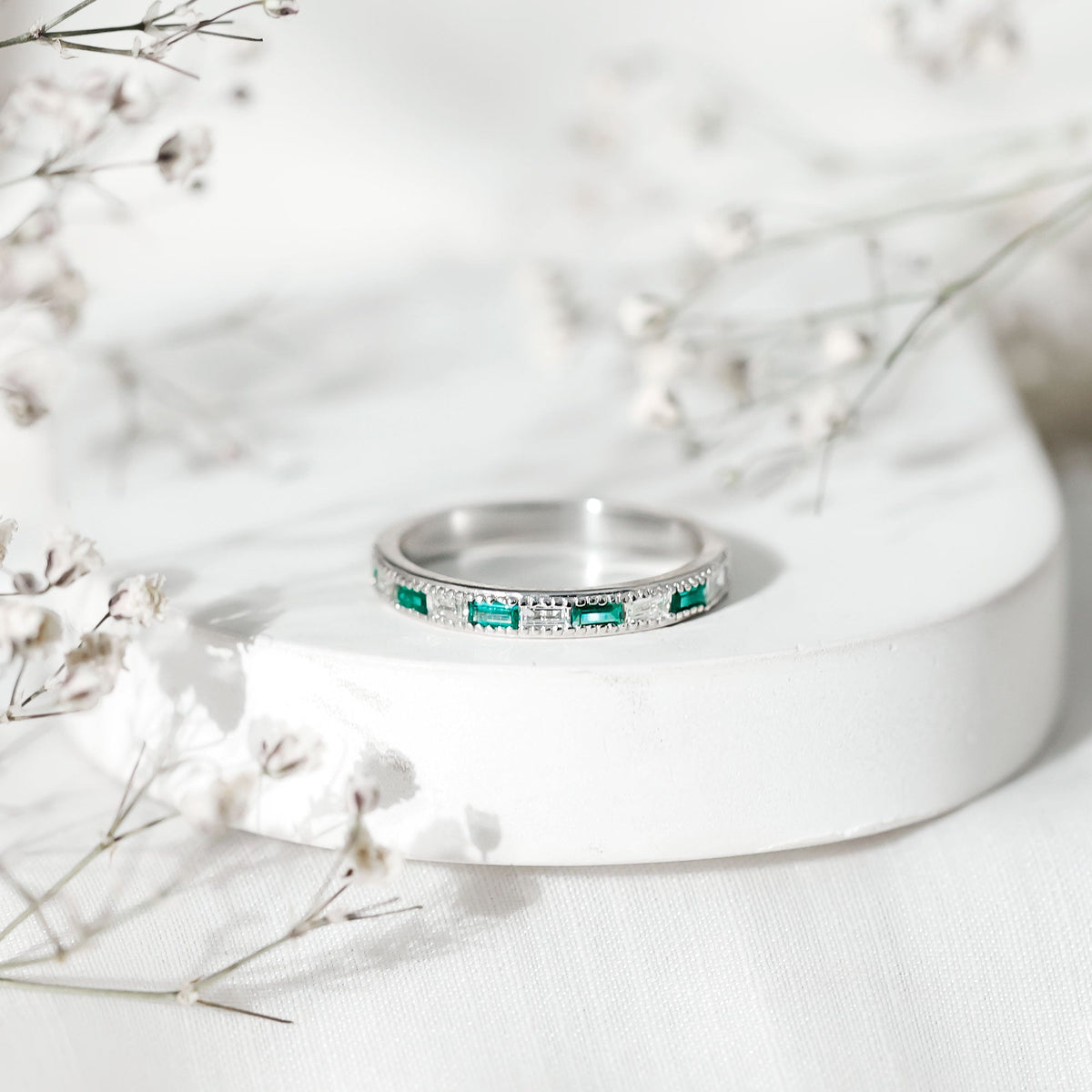 Lab Grown Emerald Ring – Half Eternity Band With Baguette Cut Diamonds | Stackable Wedding Band
