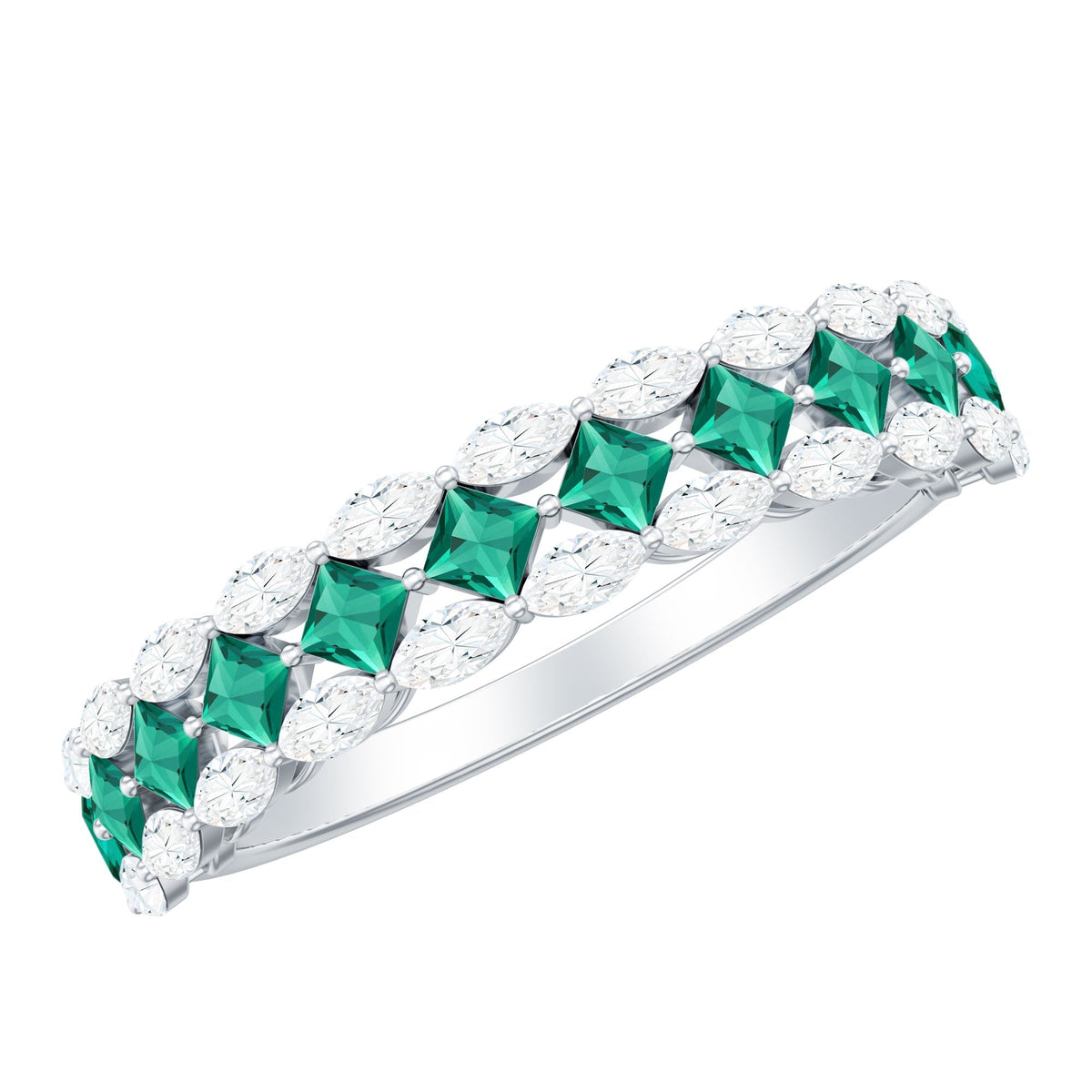 Lab Grown Emerald Ring - Half Eternity Band With Princess Cut & Marquise Moissanite