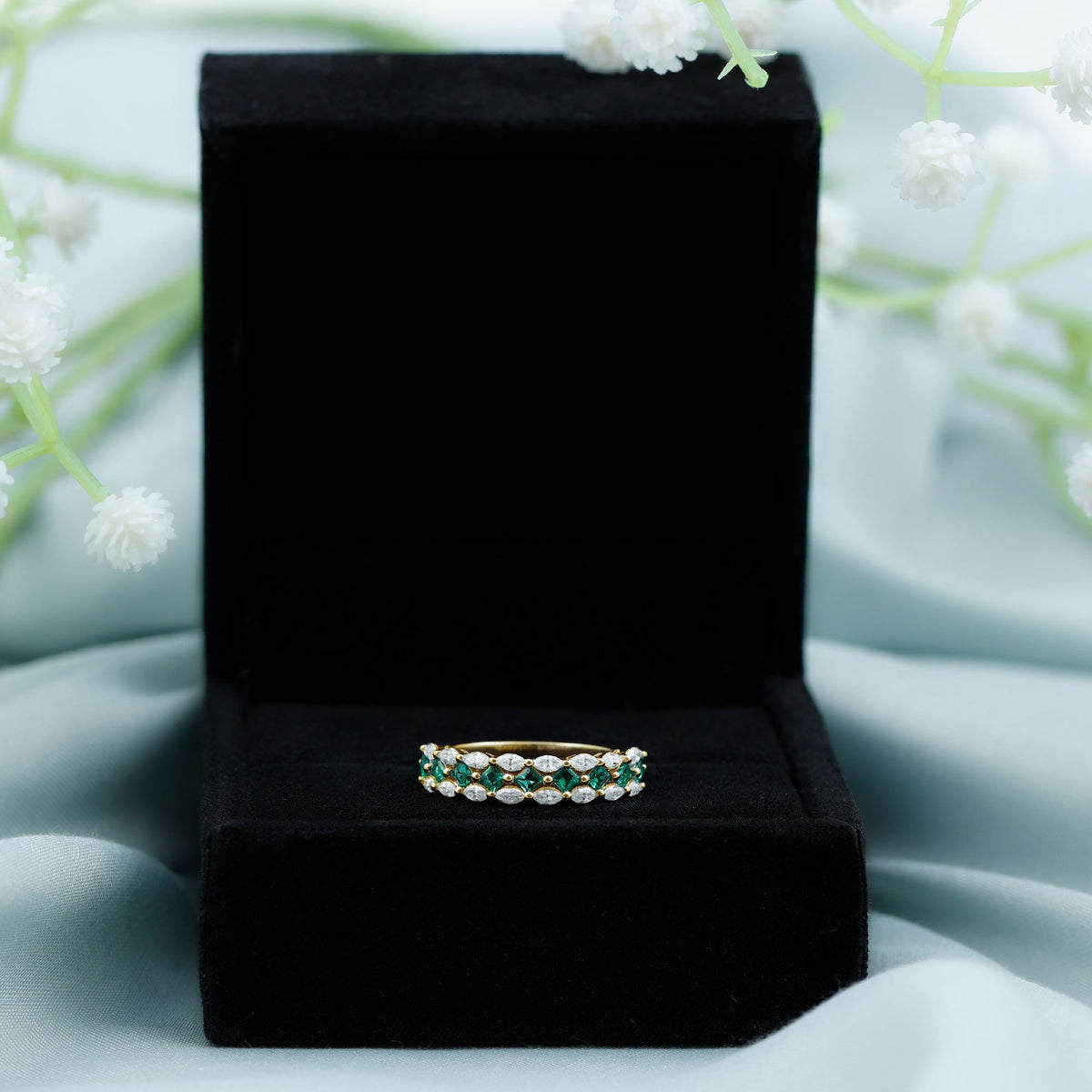 Lab Grown Emerald Ring - Half Eternity Band With Princess Cut & Marquise Moissanite