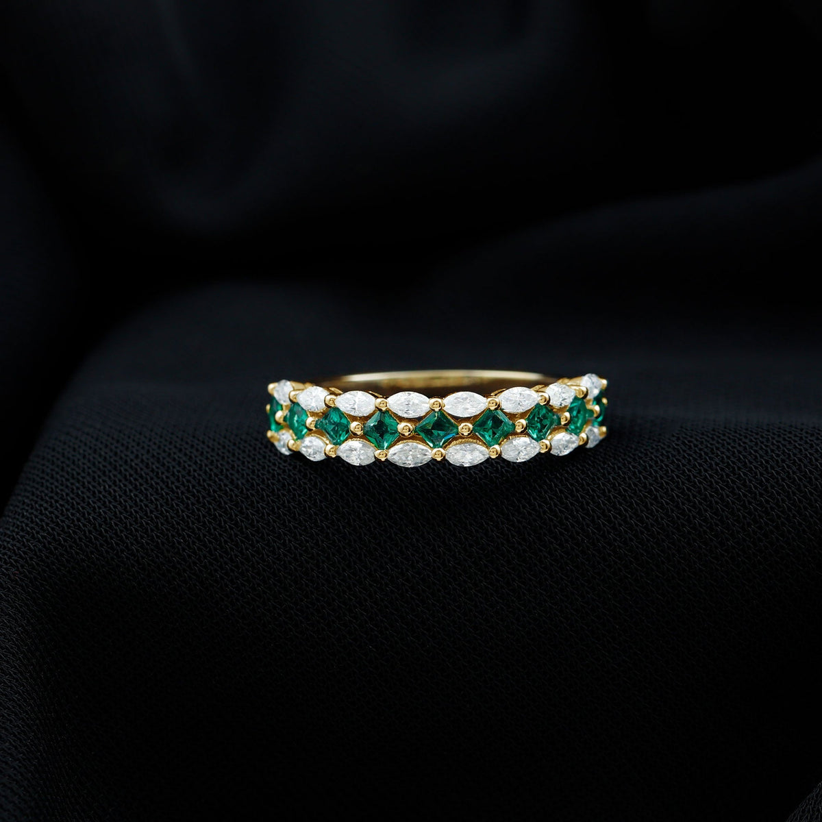 Lab Grown Emerald Ring - Half Eternity Band With Princess Cut & Marquise Moissanite