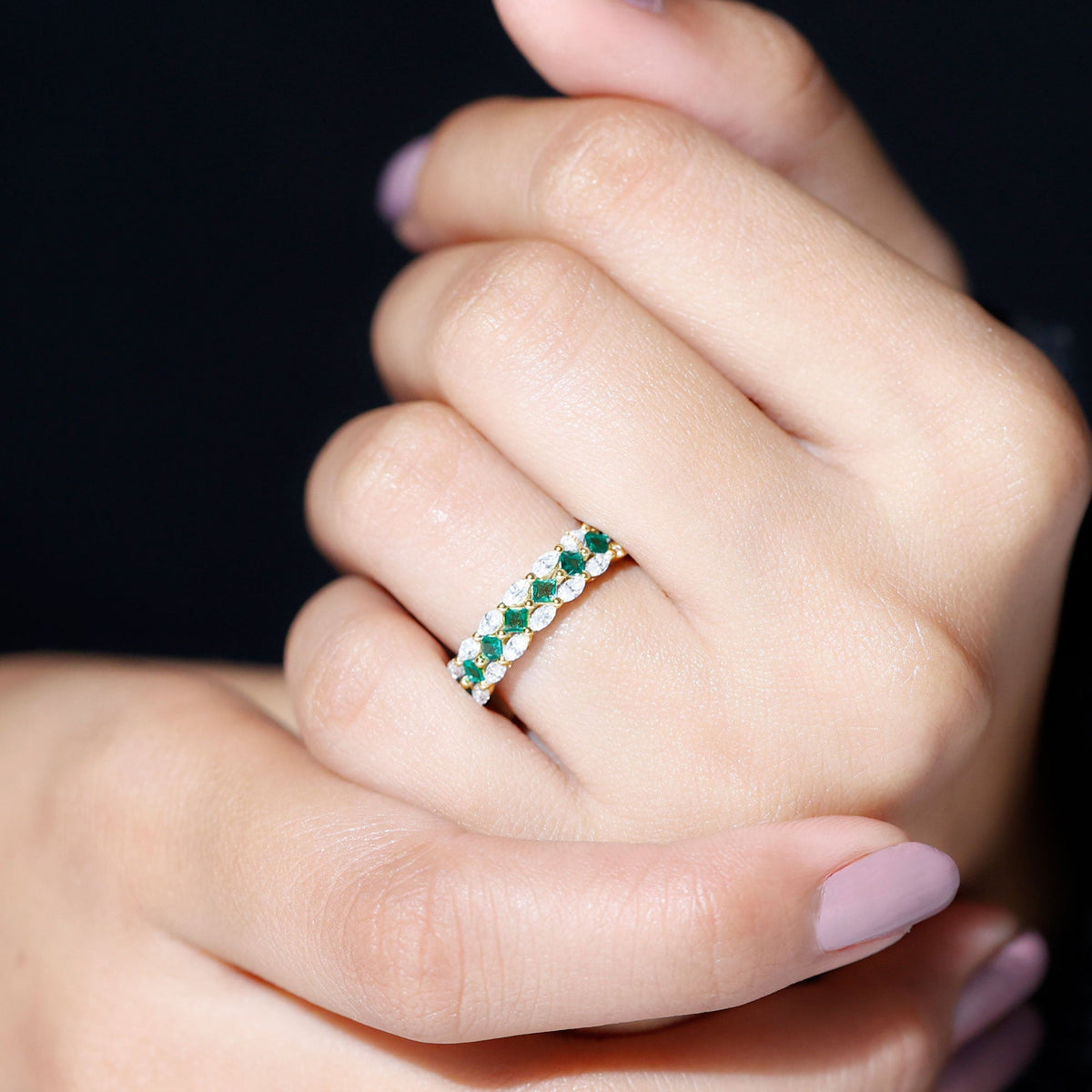 Lab Grown Emerald Ring - Half Eternity Band With Princess Cut & Marquise Moissanite