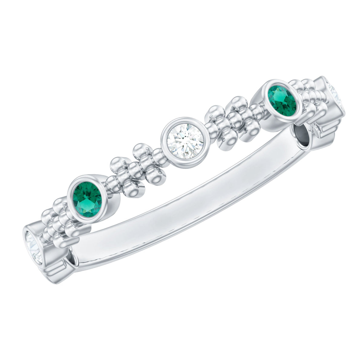 Lab Grown Emerald Ring - Half Eternity Beaded Detailing with AAAA Quality Emeralds