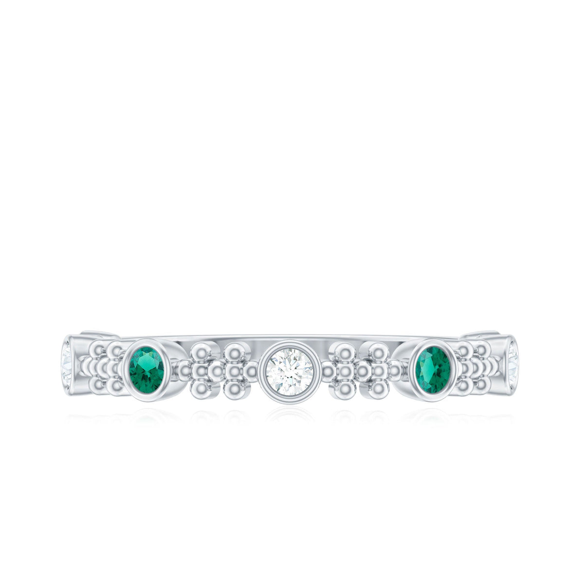Lab Grown Emerald Ring - Half Eternity Beaded Detailing with AAAA Quality Emeralds