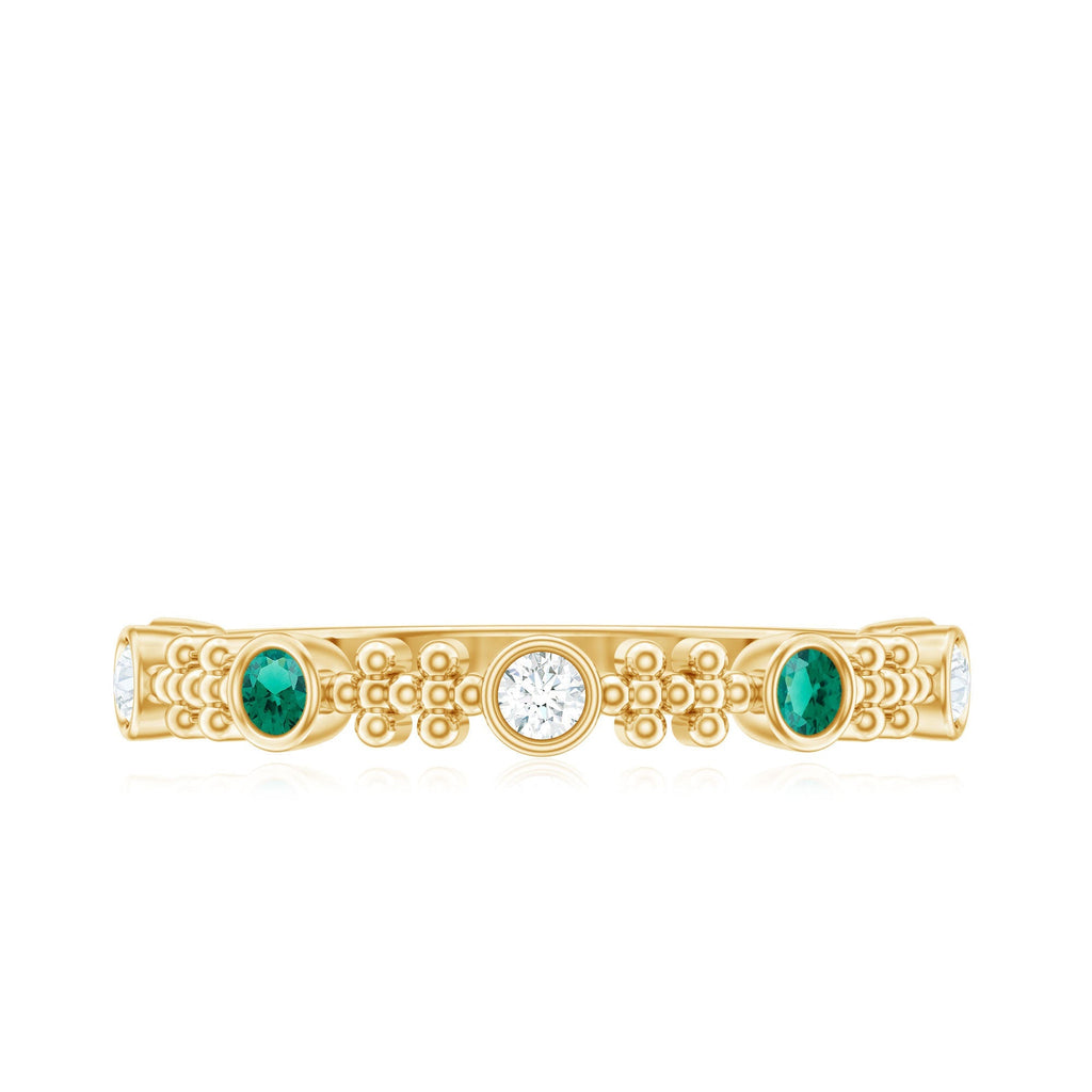 Lab Grown Emerald Ring - Half Eternity Beaded Detailing with AAAA Quality Emeralds