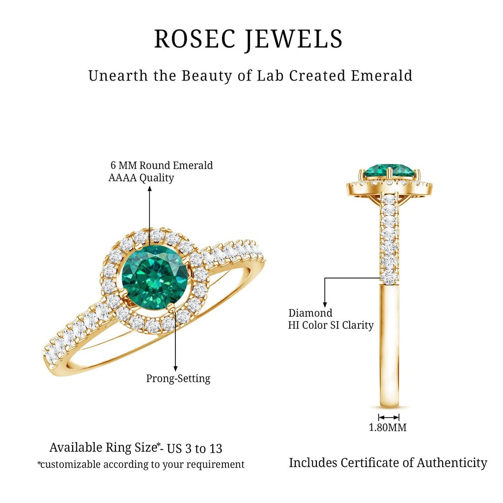 Lab Grown Emerald Ring - Halo Engagement Ring with Diamond Halo Setting in Green