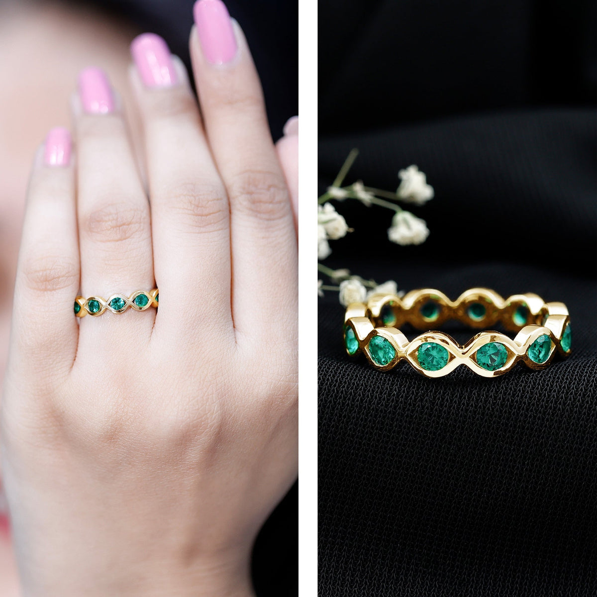 Lab Grown Emerald Ring – Infinity Twist Eternity Band With Brilliant Cut Stones