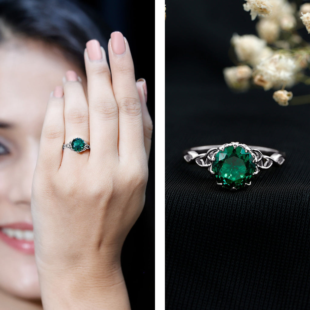 Lab Grown Emerald Ring – Lotus Basket Setting With Knot Design Band, 2.18 Ct