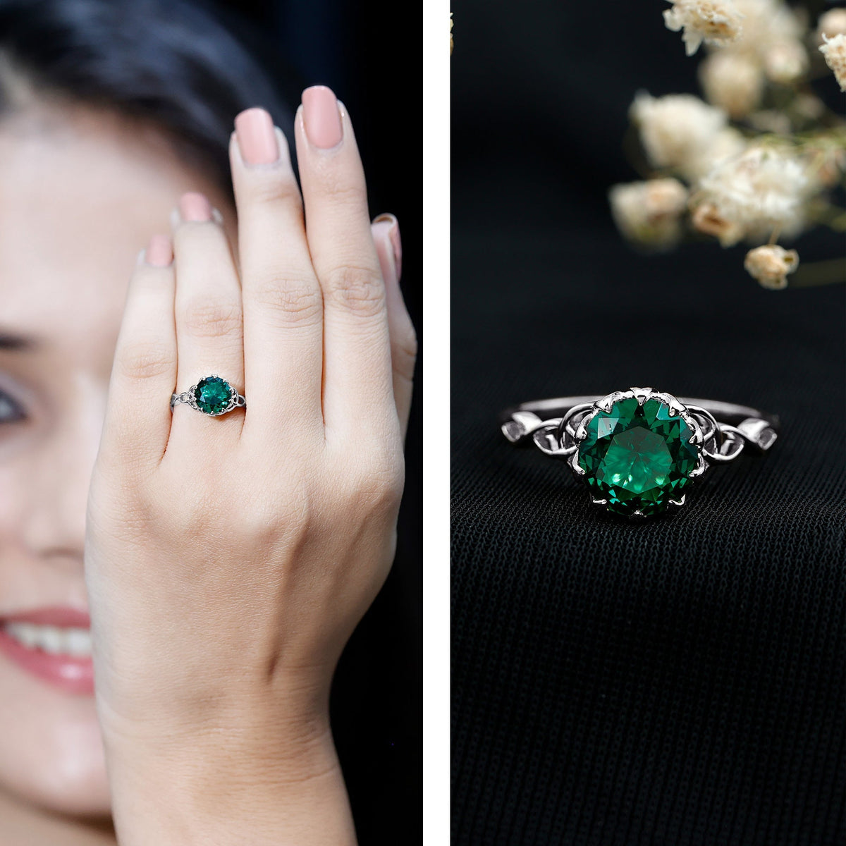 Lab Grown Emerald Ring – Lotus Basket Setting With Knot Design Band, 2.18 Ct