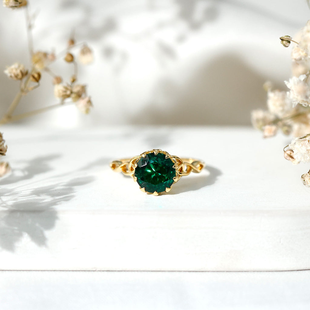 Lab Grown Emerald Ring – Lotus Basket Setting With Knot Design Band, 2.18 Ct