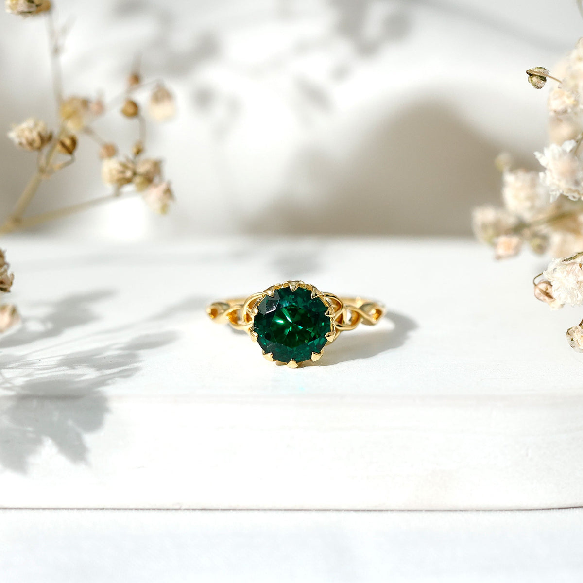 Lab Grown Emerald Ring – Lotus Basket Setting With Knot Design Band, 2.18 Ct