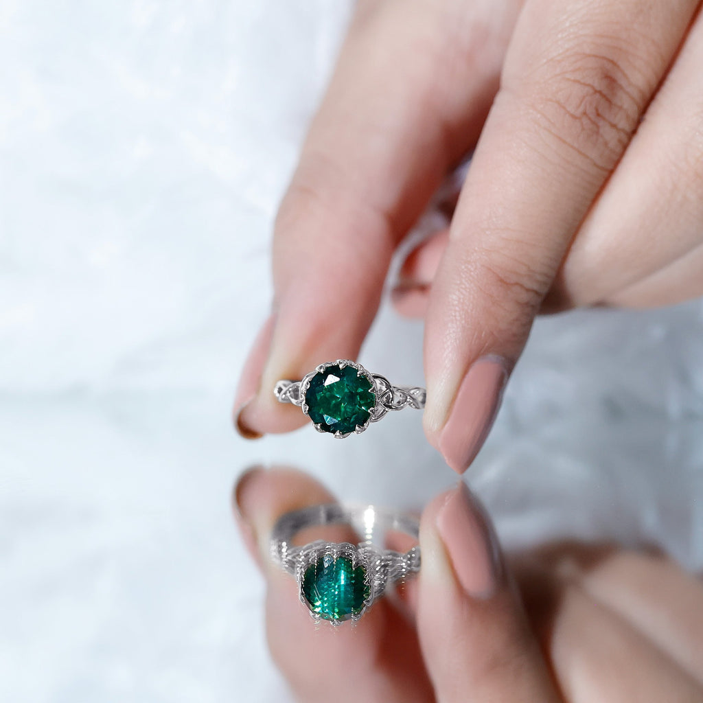 Lab Grown Emerald Ring – Lotus Basket Setting With Knot Design Band, 2.18 Ct