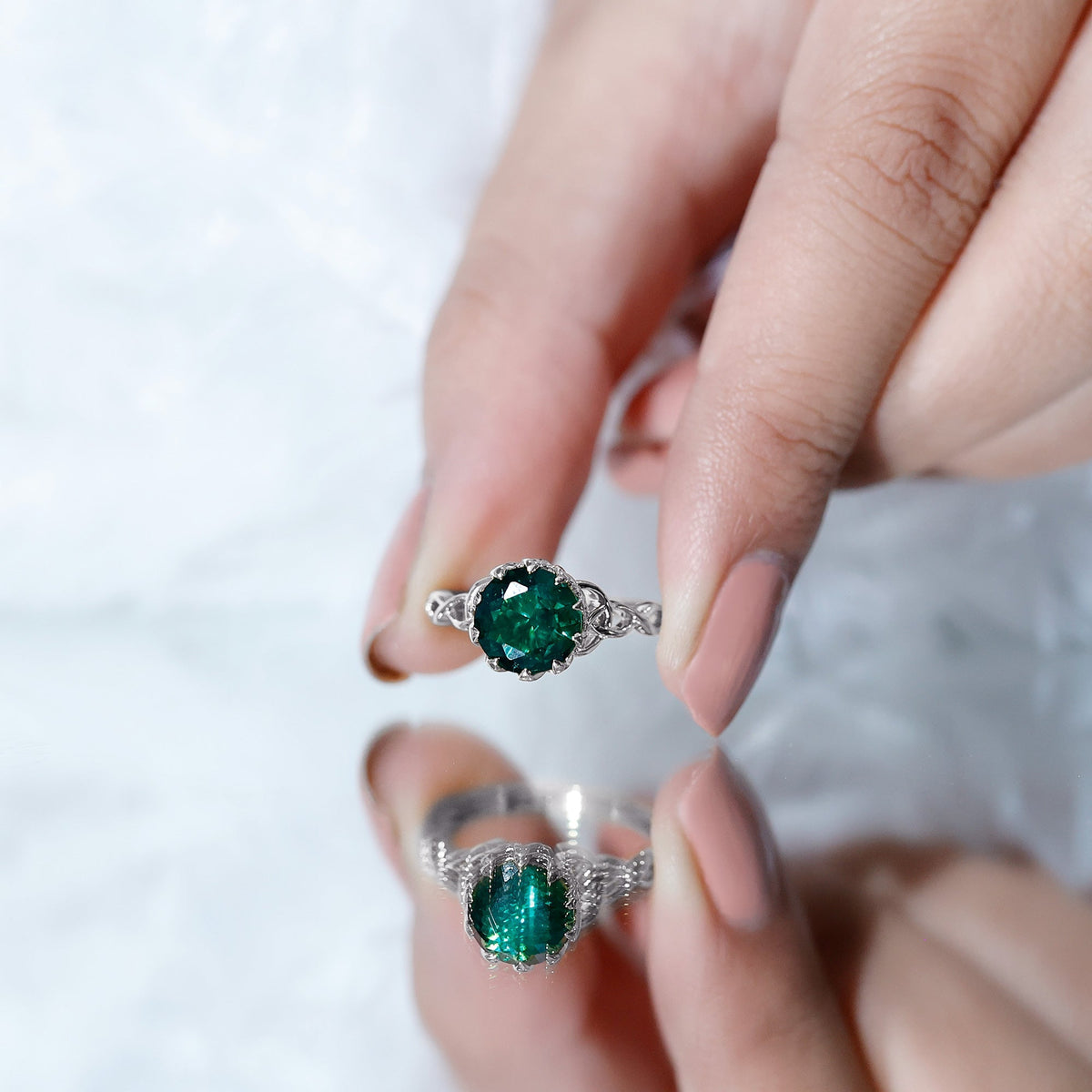 Lab Grown Emerald Ring – Lotus Basket Setting With Knot Design Band, 2.18 Ct