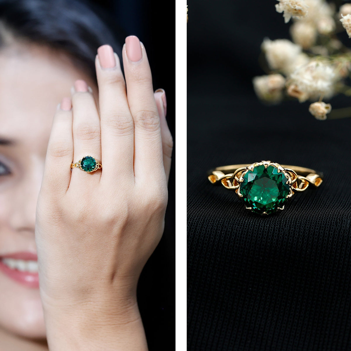Lab Grown Emerald Ring – Lotus Basket Setting With Knot Design Band, 2.18 Ct
