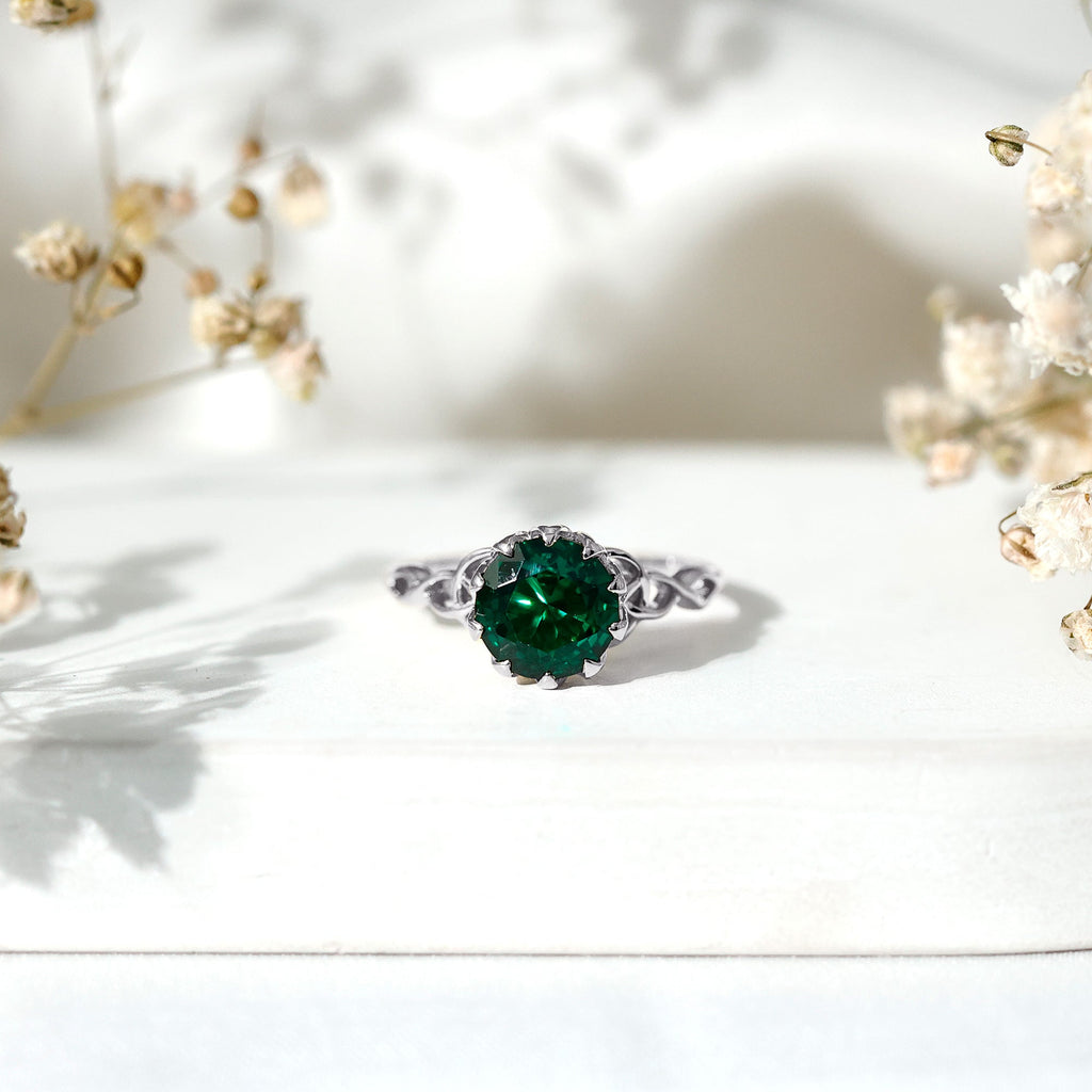 Lab Grown Emerald Ring – Lotus Basket Setting With Knot Design Band, 2.18 Ct